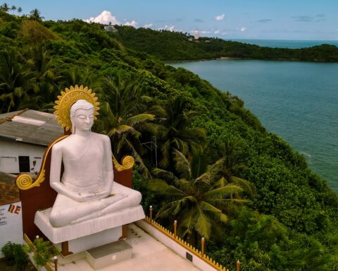 a statue of a person sitting on a bench by a body of water